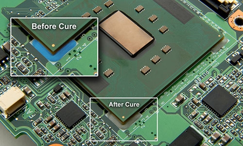 Edgebonding adhesive formulated with See-Cure on a PCBf before and after cure.